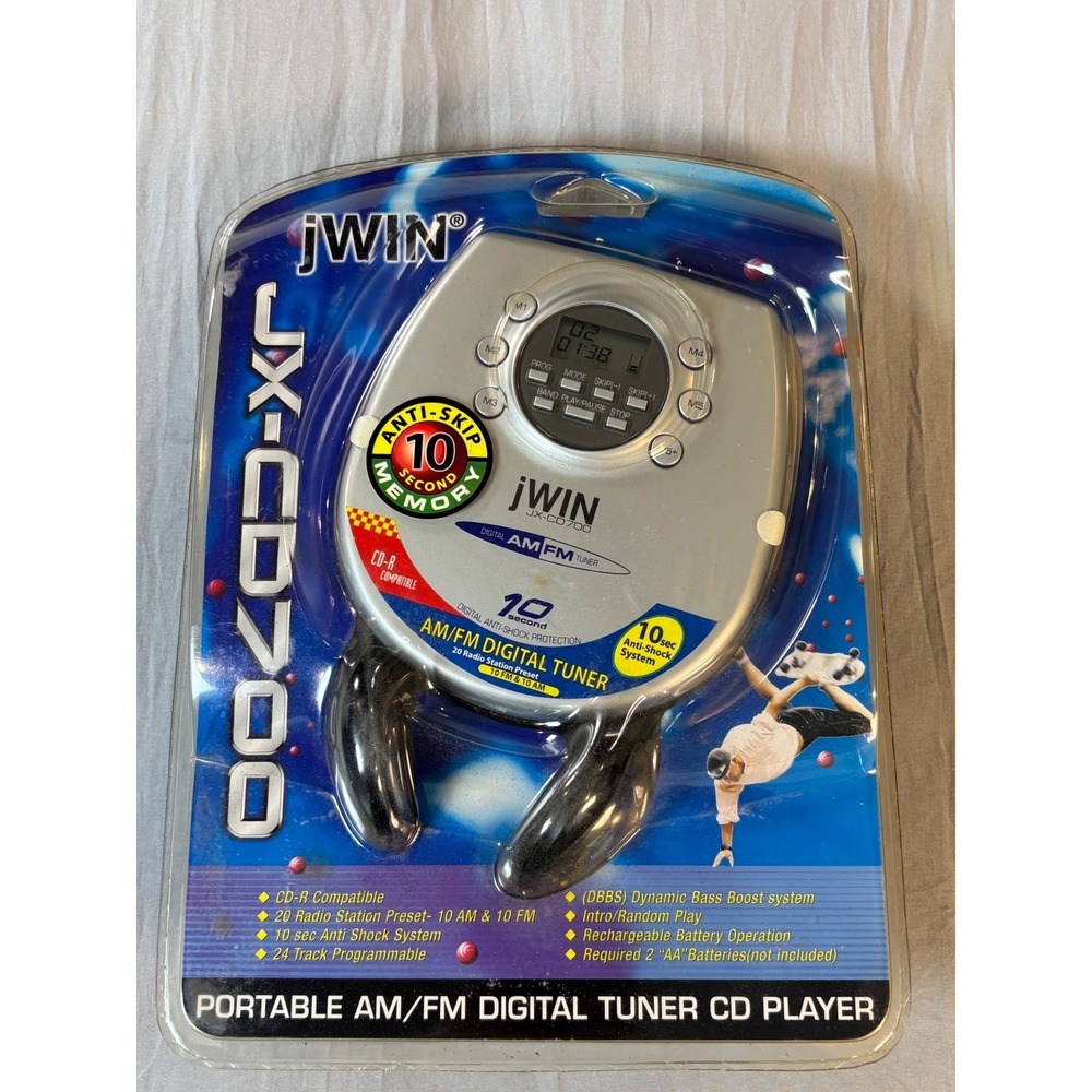 jWIN JX-CD700 Portable CD Player AM/FM Digital Tuner 10 Sec Anti-Skip Silver